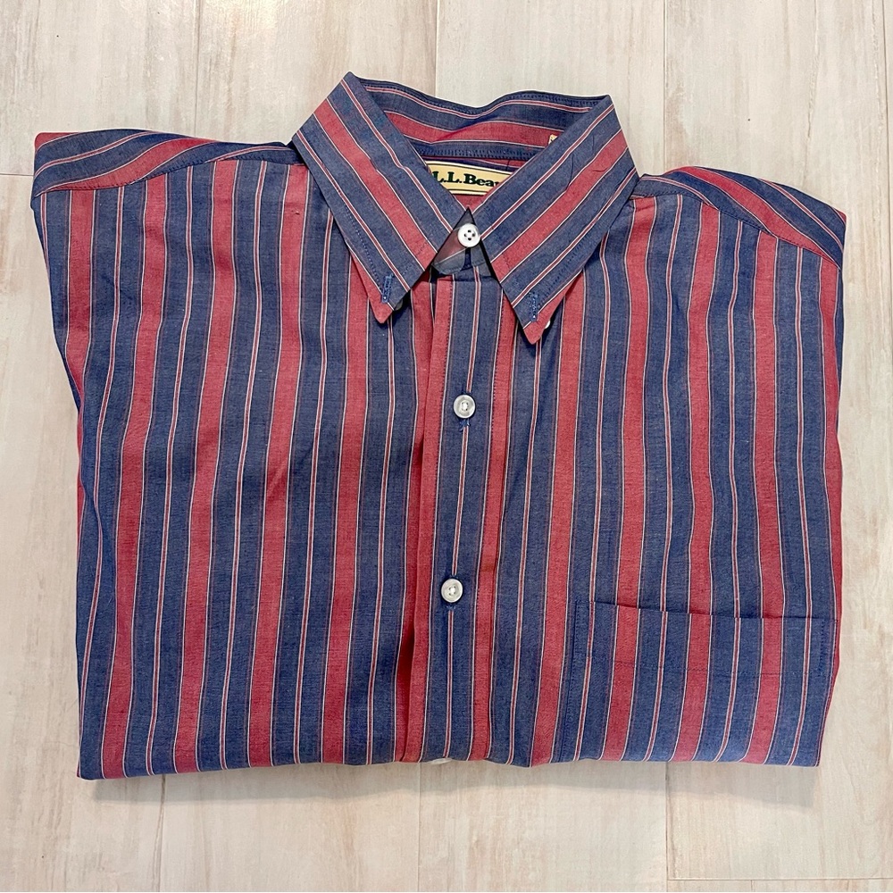 Men’s L.L. Bean 100% Cotton Red & Blue Striped Long-Sleeved Button Down Shirt